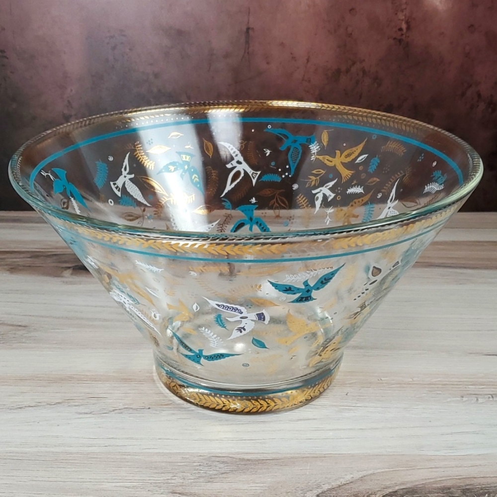 Decorative Glass Serving Bowl with Teal and Gold Bird Motif